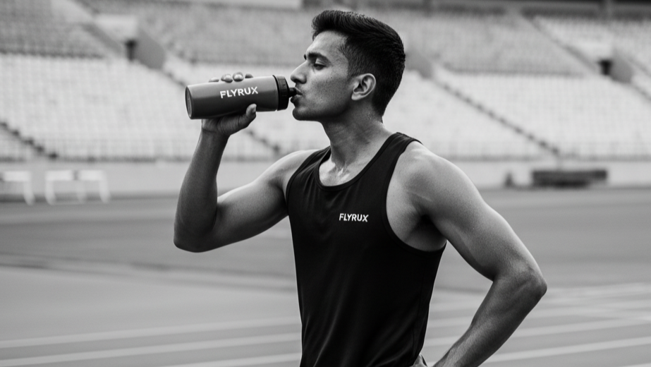 Person drinking from a Flyrix water bottle on a track and field stadium